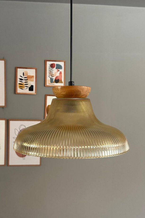 Stark Cam Bal Rengi Tekli Avize Tabak Ahşap Başlık Retro Sarkıt Lamba Salon Aydınlatma - 6
