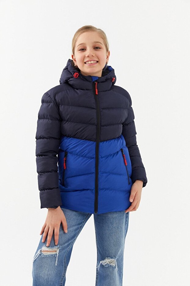 Girl's Windproof Thick Fiber Navy Blue-Sax Hooded Coat