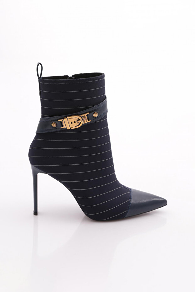 Women's Belt Detailed Pointed Toe Heeled Boots Navy Blue Striped 64152859