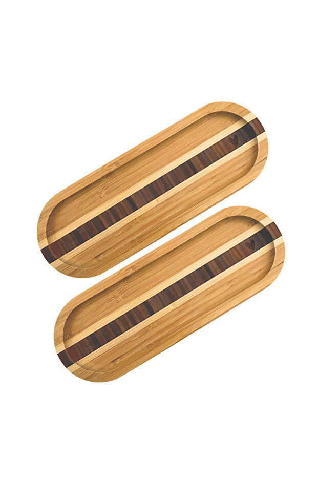 2 Adet Bambu Kalp Desenli Oval Servis Tabağı, Sunum Tabağı (25,5 X 9,5 Cm ) - 7