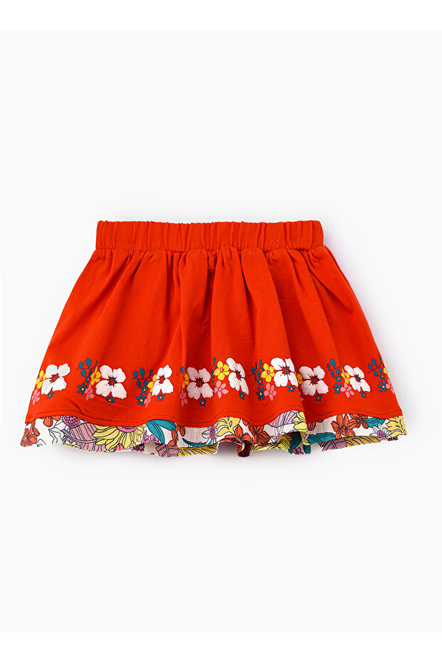 Vibrant Red Floral Cotton-Elastane Skirt for Girls