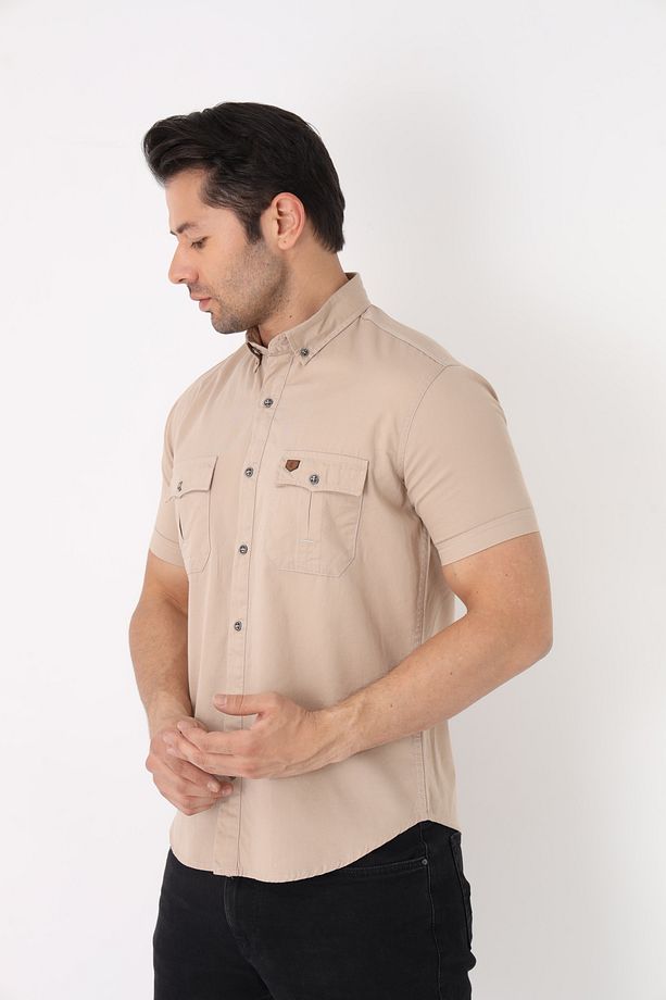 Erkek Pamuklu Regular Fit Kısa Kol Çift Cep Kapaklı Gömlek - 3