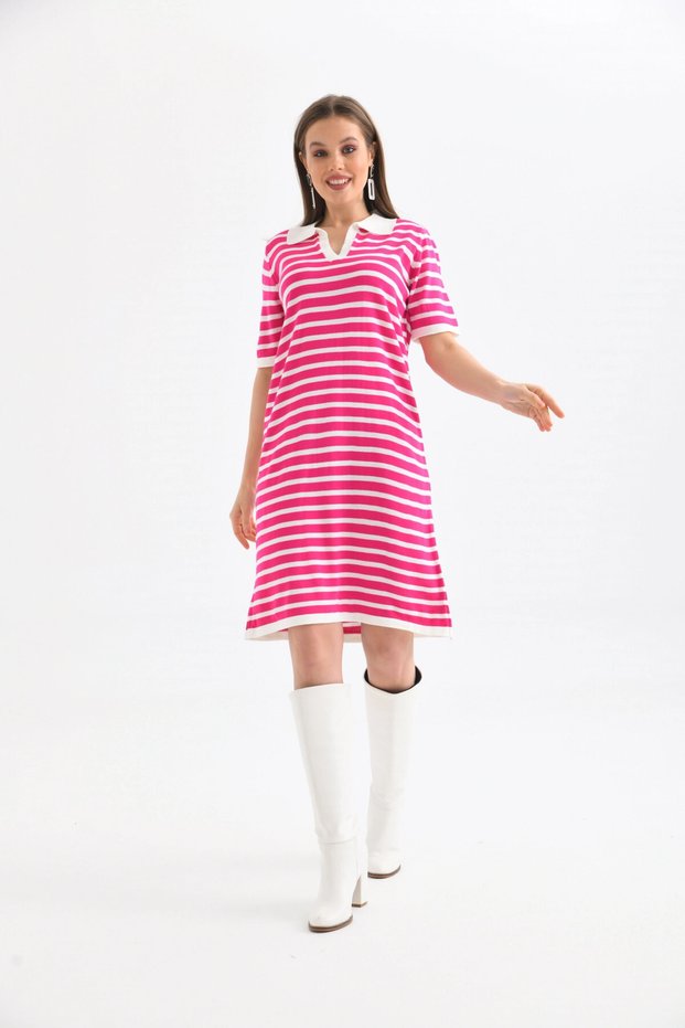 Women's Shirt Collar Fuchsia Striped Dress