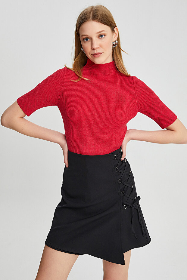 Kadın Yarım Balıkçı Kısa Kol Basic Triko Bluz - 5