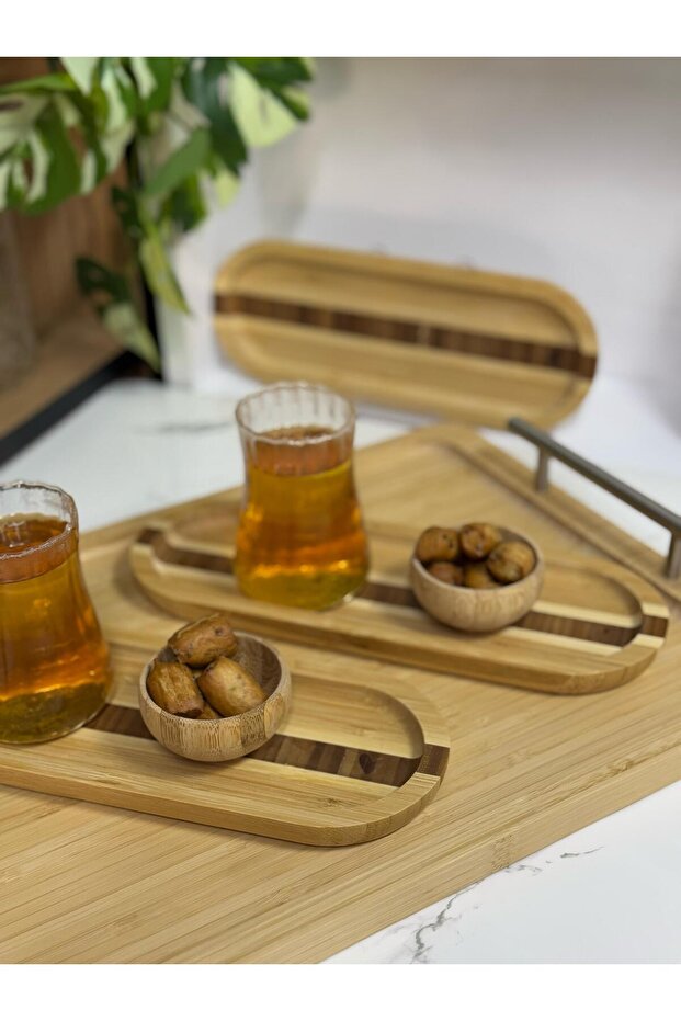 2 Adet Bambu Kalp Desenli Oval Servis Tabağı, Sunum Tabağı (25,5 X 9,5 Cm ) - 3