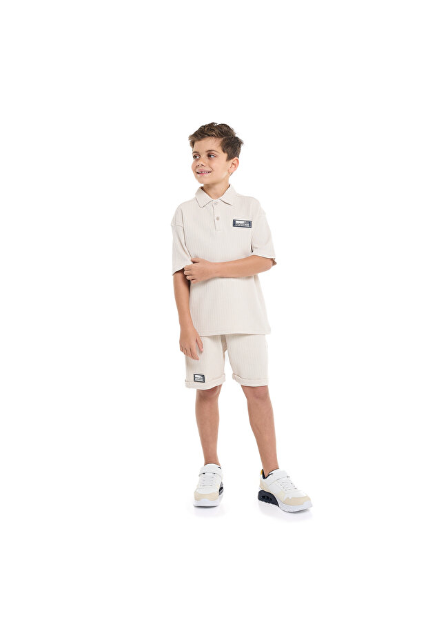 Boys' Beige 2-Piece Jacquard Set with Pockets