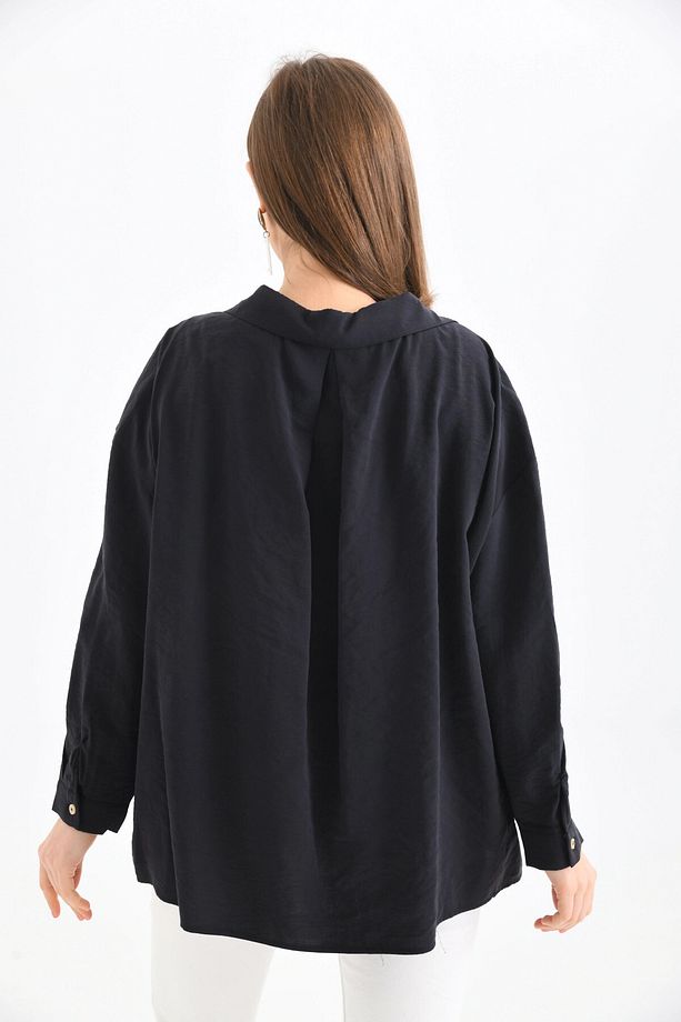 Kadın Uzun Kollu Oversize %100 Pamuk Basic Gömlek - 6