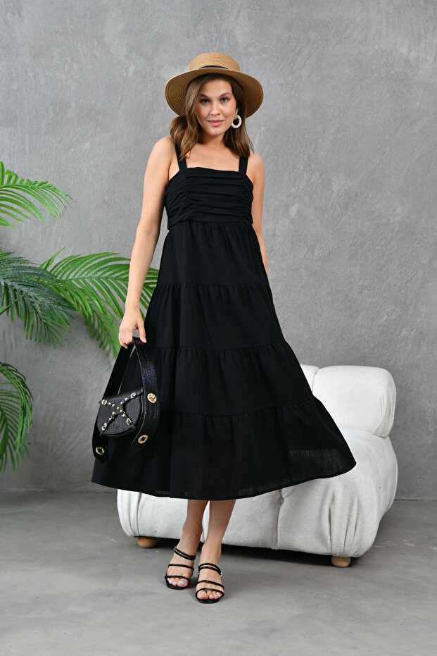 Kadın Siyah Kalın Askılı Drapeli Gipeli Dokuma Elbise - 1