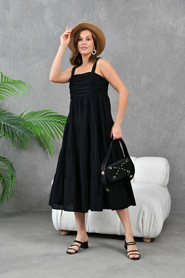 Kadın Siyah Kalın Askılı Drapeli Gipeli Dokuma Elbise - 7