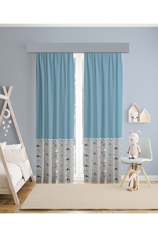 BABY AND KIDS ROOM Blue Sailor Patterned 2 Wing Background Curtain