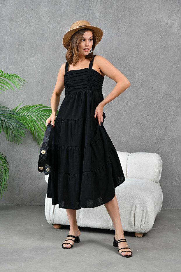 Kadın Siyah Kalın Askılı Drapeli Gipeli Dokuma Elbise - 3