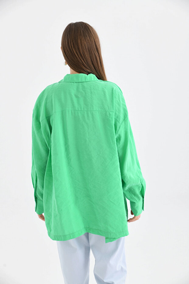 Oversize Uzun Kol Basic Yeşil Gömlek - 6