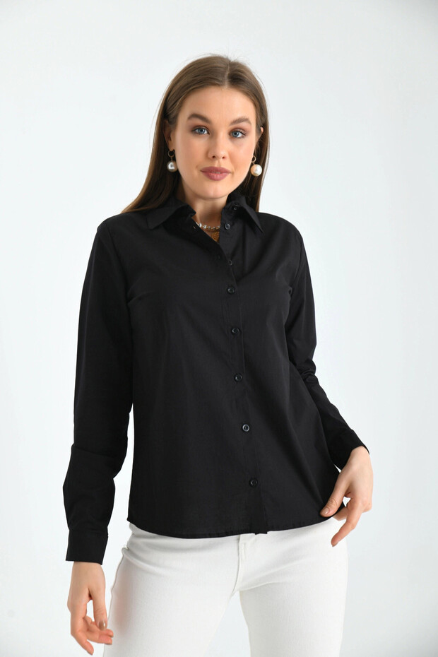 Kadın Siyah Basic Dokuma Gömlek - 7