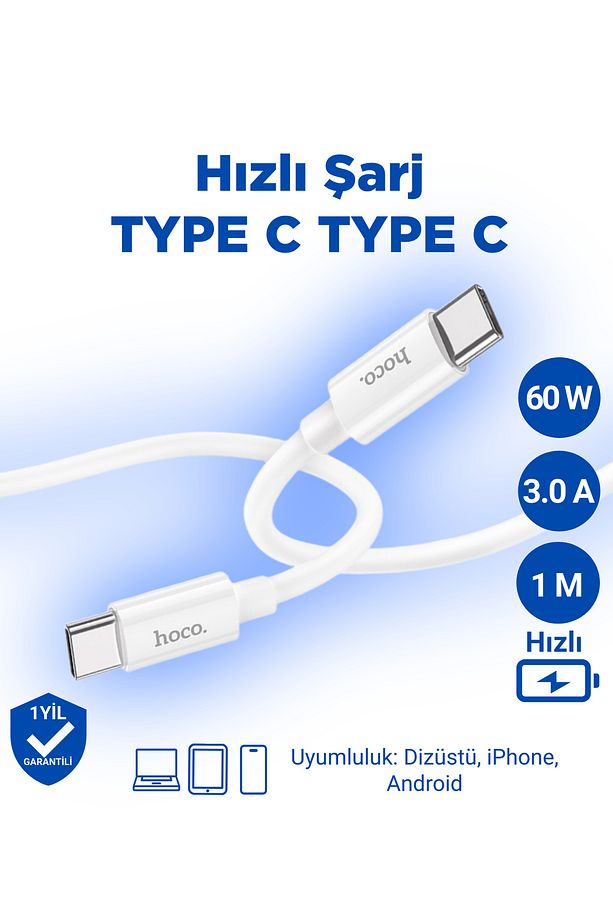 X87 60w 3a Type-c To Type-c Iphone Android Uyumlu Hızlı Şarj Veri Kablosu Beyaz 1 Metre - 1
