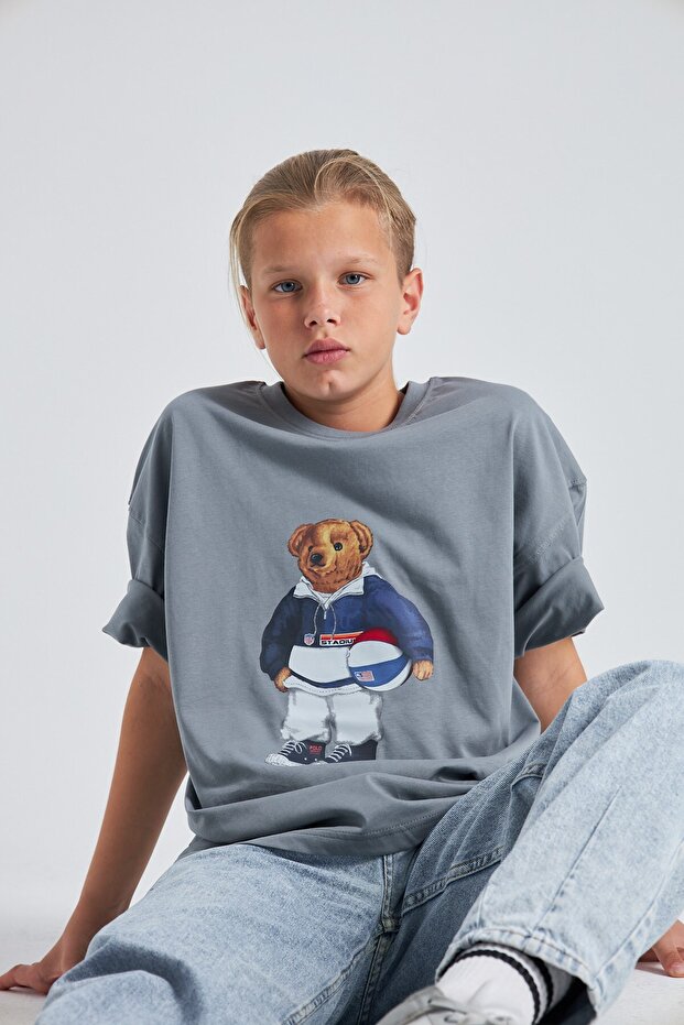 Teddy Bear Design Printed 100% Cotton Men's Oversize Kids T-Shirt