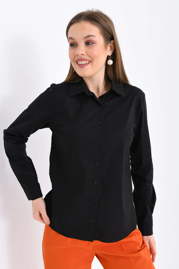 Kadın Siyah Basic Dokuma Gömlek - 6