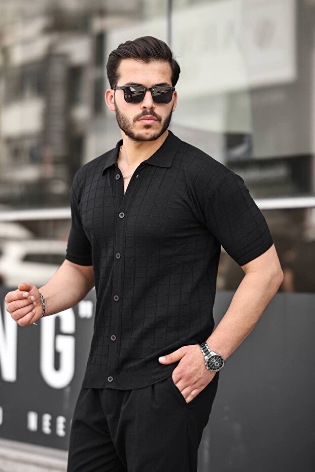 Erkek Siyah Örme Kumaş Gömlek - 1