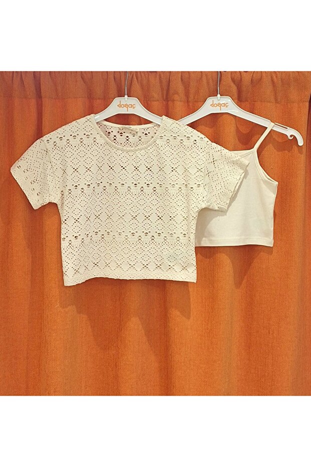 طقم بلوزة مكون من قطعتين بملمس مثقوب - 1
