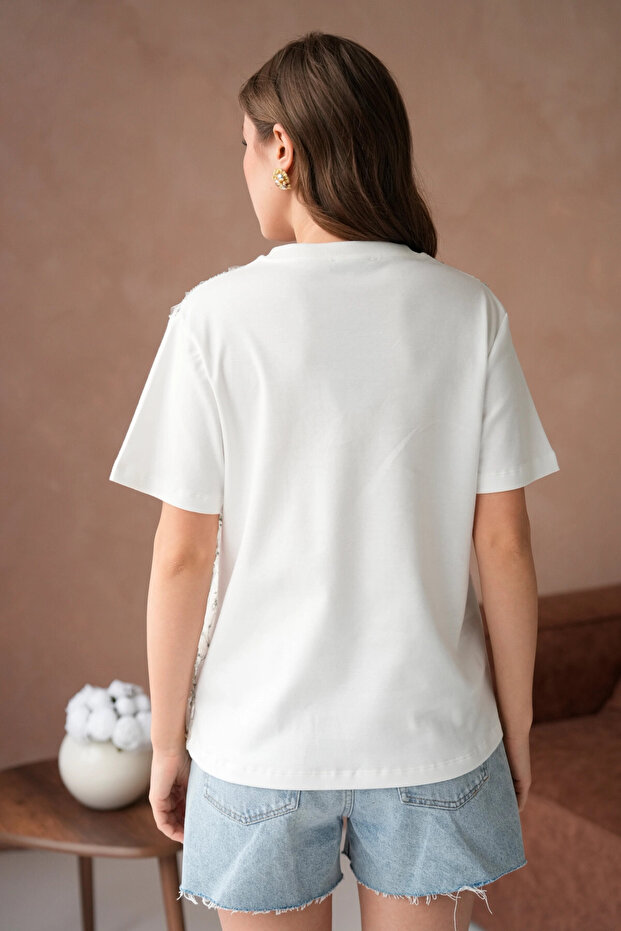 Önyüzü Tül Dantel Giydirmeli Basic T-Shirt - 6