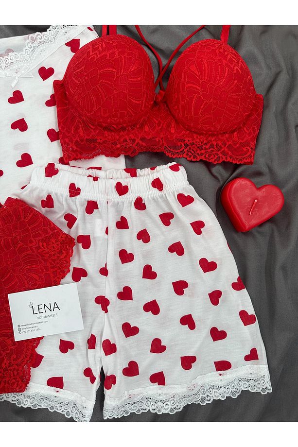 Kalp Döngüsü Dörtlü Şortlu Pijama Takımı - 4