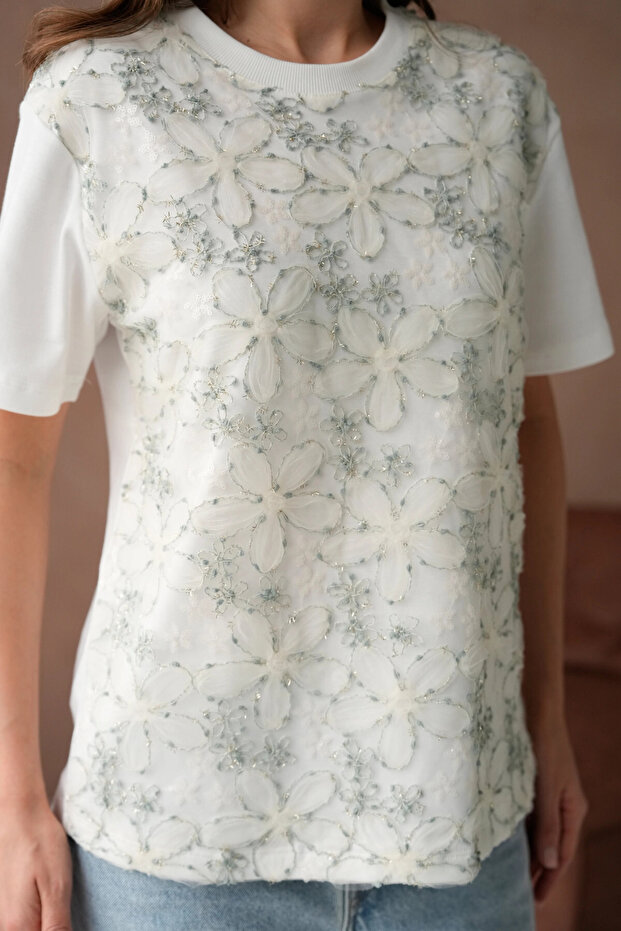 Önyüzü Tül Dantel Giydirmeli Basic T-Shirt - 2