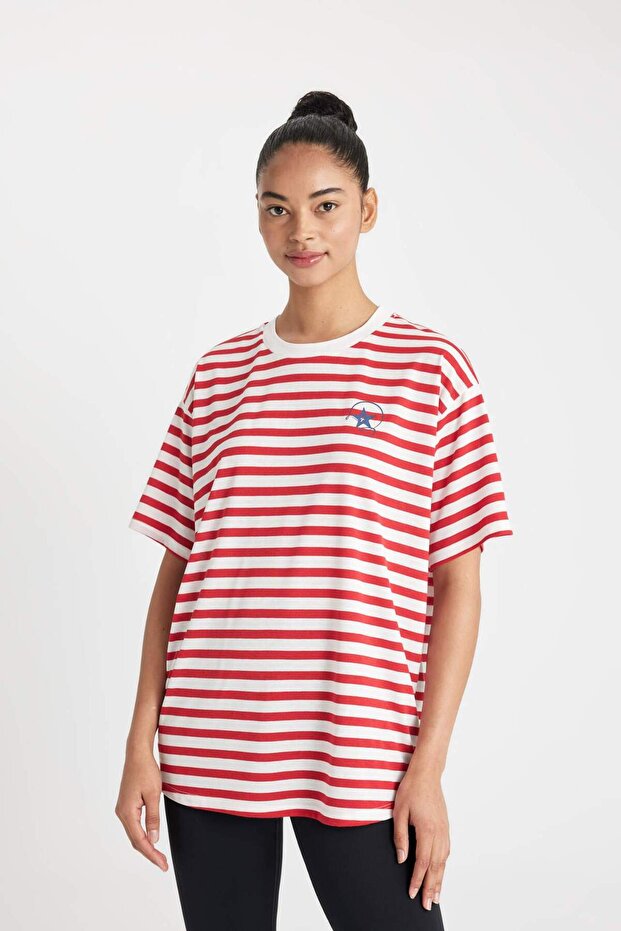 DeFactoFit Oversize Geniş Kalıp Bisiklet Yaka Baskılı Sporcu Kısa Kollu Tişört A6902AX24SM - 1