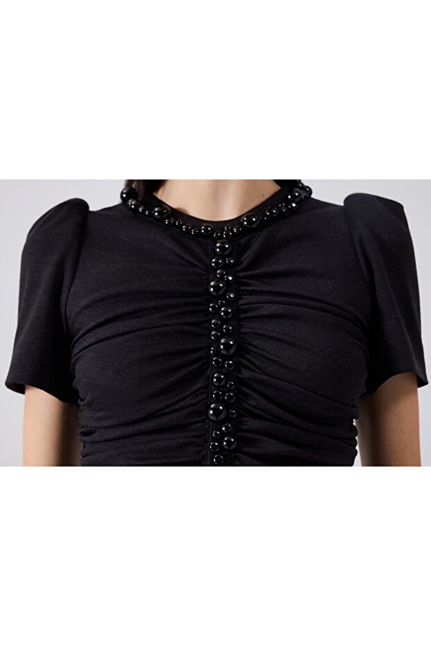 Boncuk işlemeli yün elbise - 6