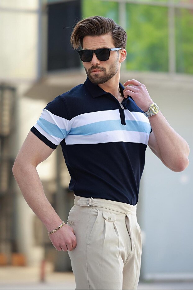 Navy Blue Zippered Polo Neck Striped Men's T-Shirt E7406