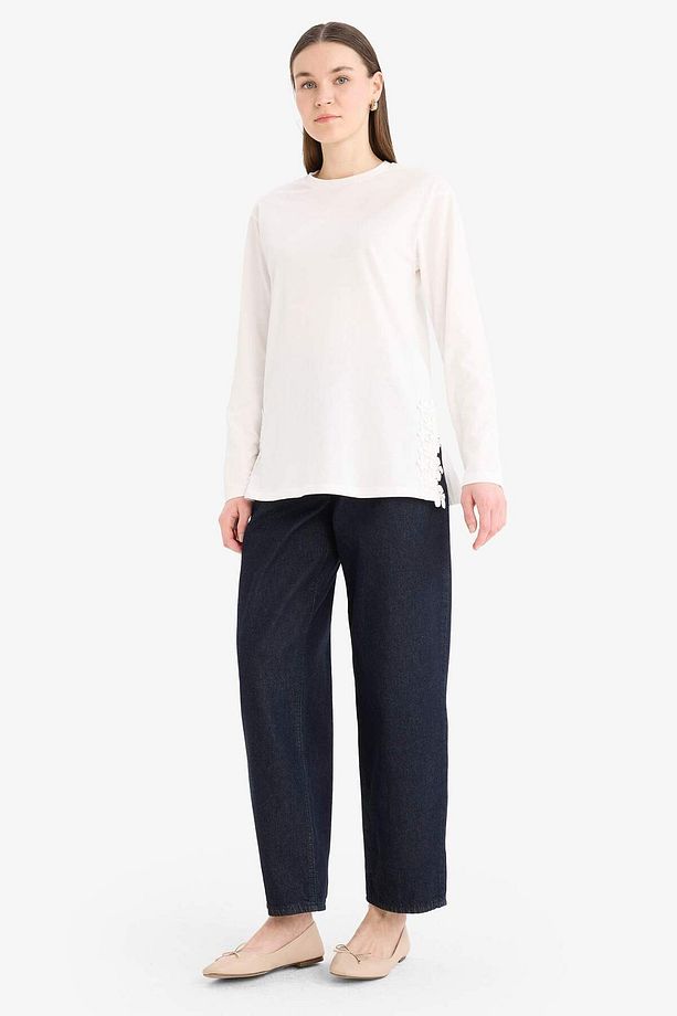 Regular Fit Bisiklet Yaka Dantelli Uzun Kollu Tesettür Tişört Tunik F1812ax25sm - 2