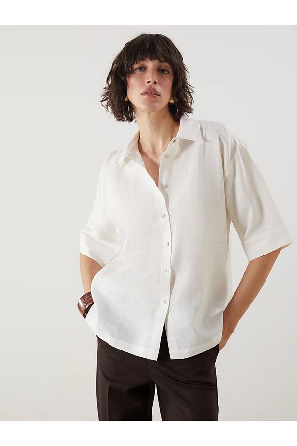 LCW Vision Ekru Oversize Keten Kadın Gömlek - 3