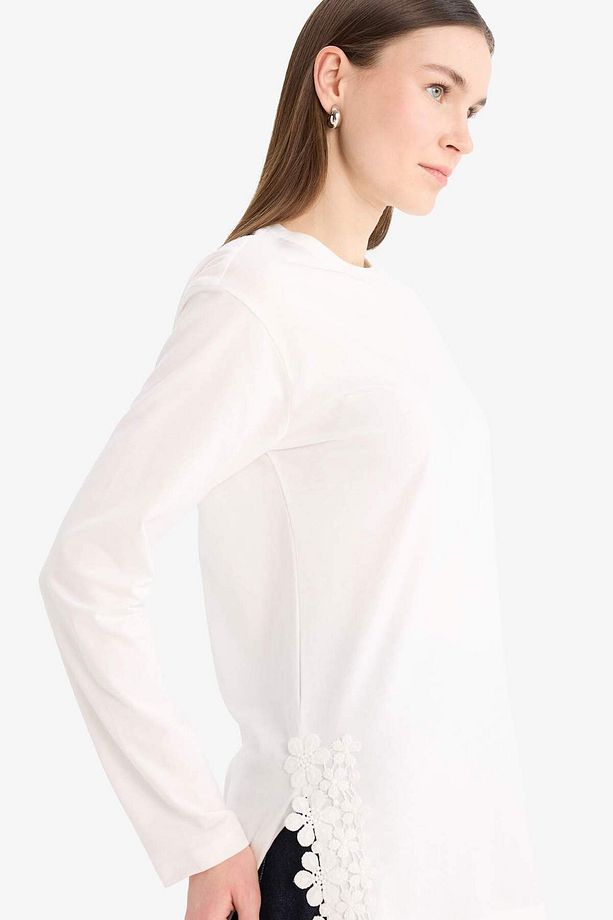 Regular Fit Bisiklet Yaka Dantelli Uzun Kollu Tesettür Tişört Tunik F1812ax25sm - 1