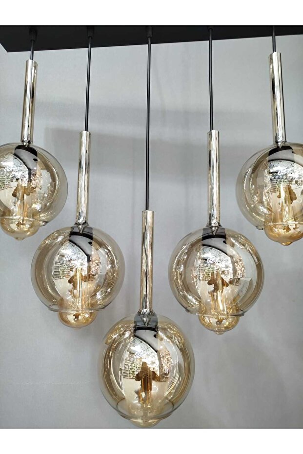5 Lİ MODERN SARI CAMLI SIRALI AVİZE - 1