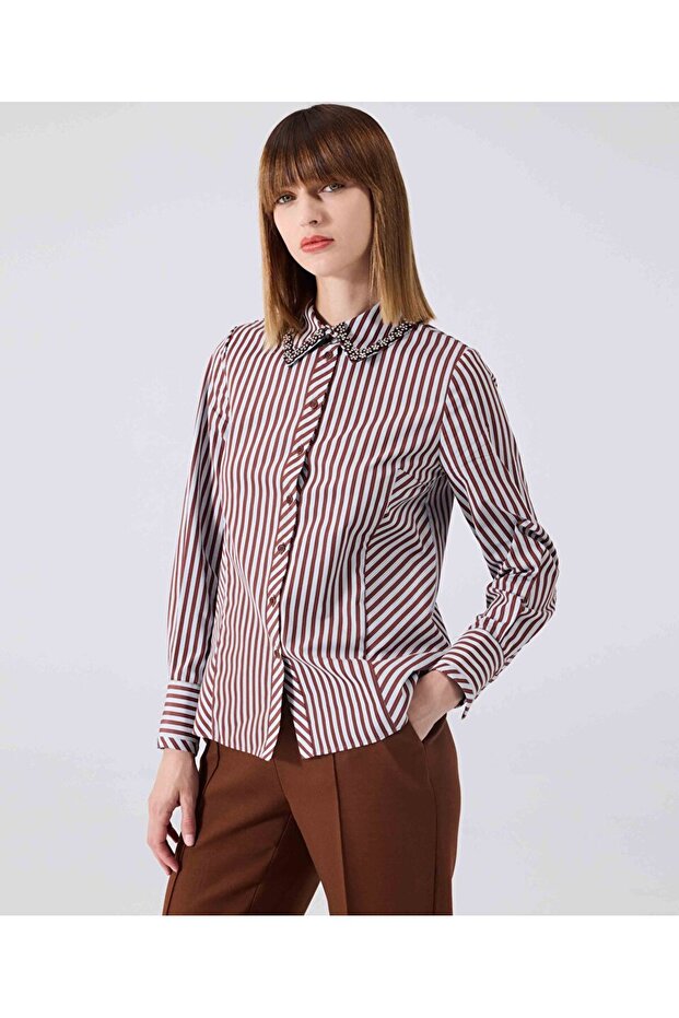 İşlemeli çizgi desen gömlek - 1
