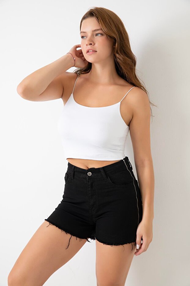 Black Denim Shorts - Women's, Lock Zip