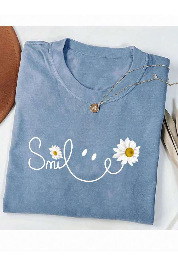 女式夏季休闲雏菊花卉字母印花短袖 t 恤 - 1