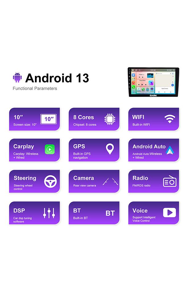 10" IPS Android 13, 4+64GB 2DIN Carplay&Android Auto,GPS Geri Görüş Kameralı UniversalAraçMultimedya - 2