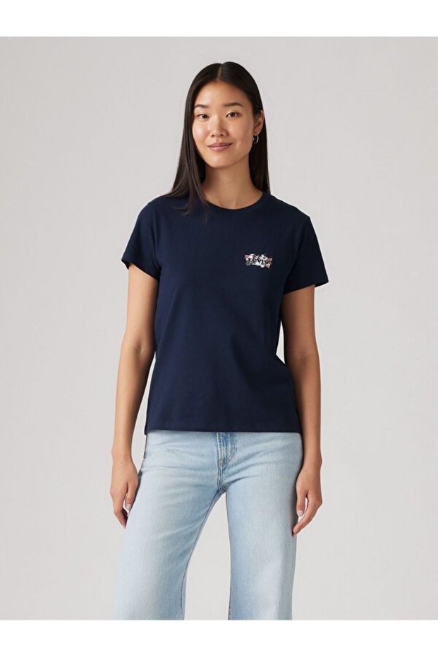 Women's Cycling Neck Flower Patterned Navy Blue T-Shirt 17369-2949