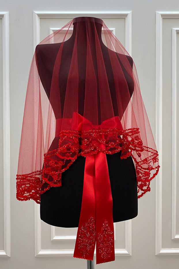 Red Bridal Veil Set, Glass Beads and Sequins Printed Henna Veil Set 6 Pieces