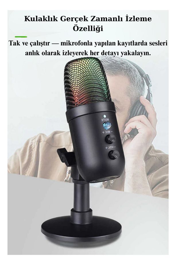 RGB Işıklı Profesyonel Kardioid Oyuncu Yayıncı Mikrofonu Stüdyo Podcast İçin - 4
