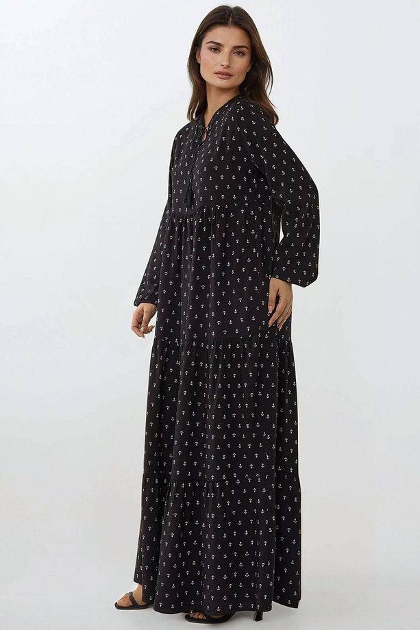 Baskılı Uzun Kol Viskon Maxi Elbise - 3