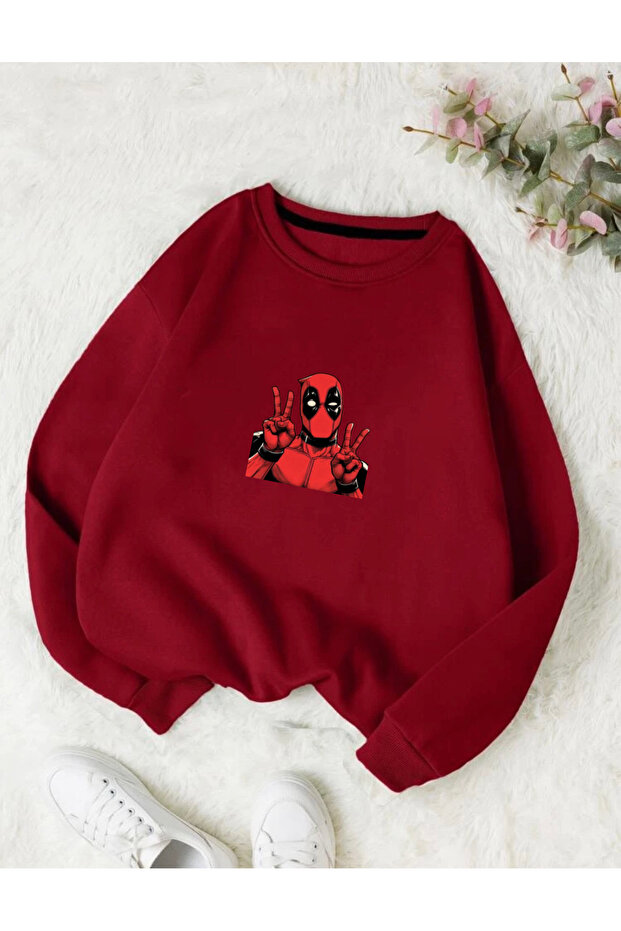 Oversized Dedpool Printed Detail Basic Sweatshirt with Crew Neck - 1