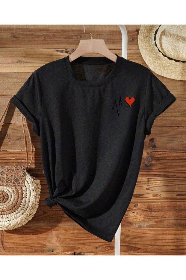Oversize Heart Rhythm Printed Black Relaxed Fit T-Shirt Unisex