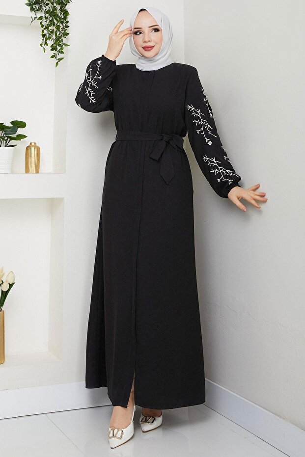 Belted Ferace with Floral Embroidered Sleeves Black HM2727