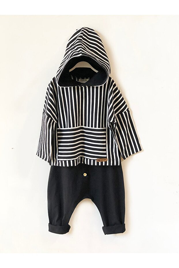 Black Combed Cotton Harem + Black and White Striped Hooded Sweat