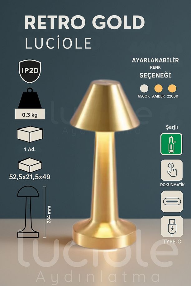 Retro Gold Şarjlı Dokunmatik Masa Lambası - 3 Renk Ayarlı, Dim Edilebilir - 7