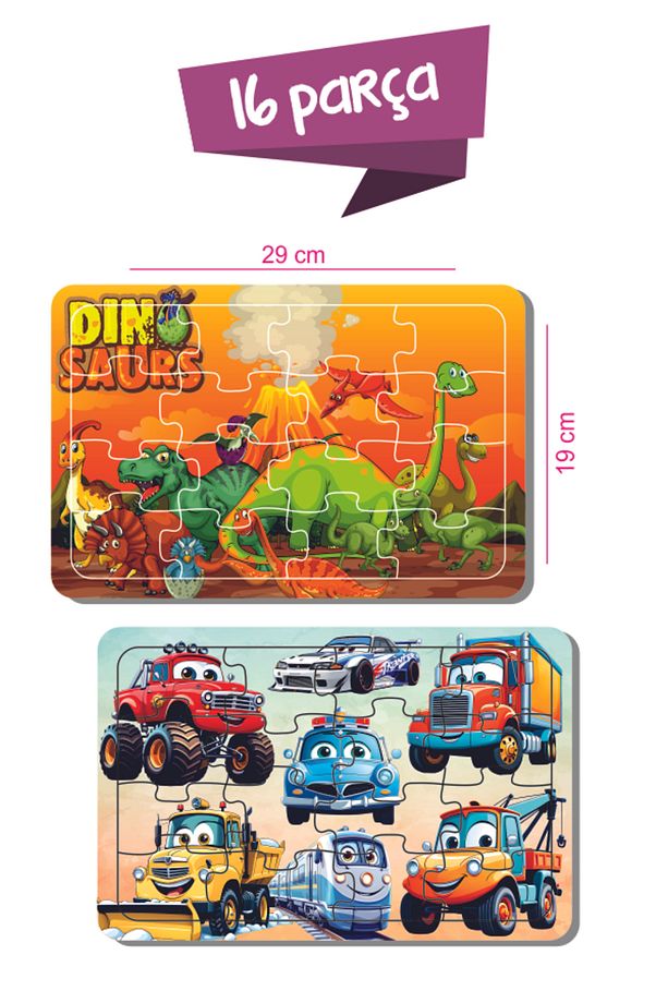 Dinozor, Sevimli Araçlar, Unicorn, Hayvanlar, Gezegen, Kamyon, Araba 16-25-56 Parça Ahşap Puzzle Set - 2