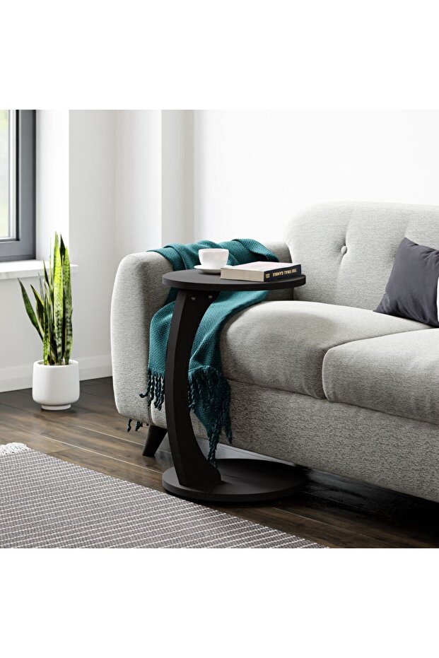 طاولة جانبية مستديرة على شكل حرف C مع عجلات دوارة - أسود - 2