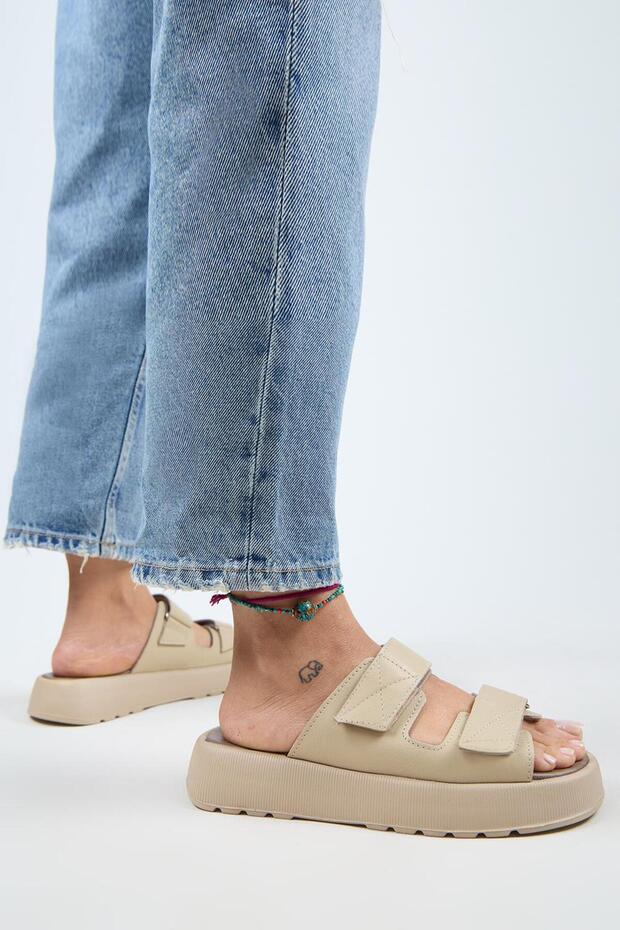 Farah Women's Genuine Leather Double Velcro Beige - Beige Slippers