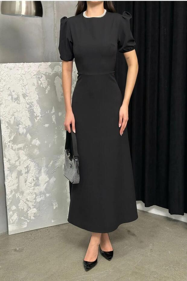 Czarna importowana sukienka midi z krepy z rękawami w kolorze arbuza i zamkiem błyskawicznym z tyłu - 1