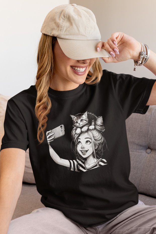 Women/Men 100% Cotton Women's Cat Selfie Transfer Printed Round Neck Short Sleeve Tee